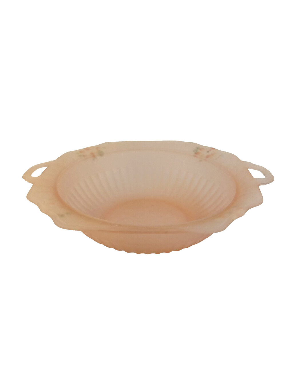 Vintage Pink Satin Glass Bowl Hand Painted Floral Double Handle Frosted Ribbed